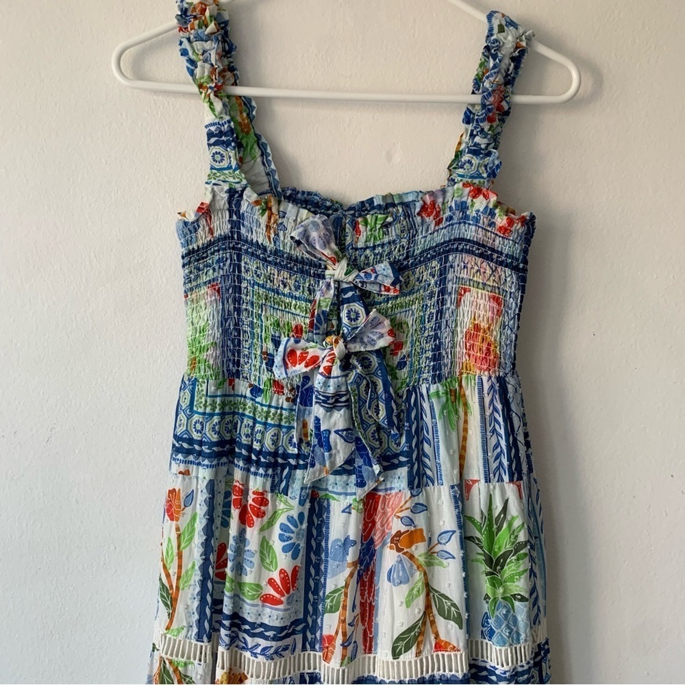 Farm Rio Tropical Tiles Cotton Square Neck Smocked Tiered A Line Maxi Dress - Picture 6 of 12